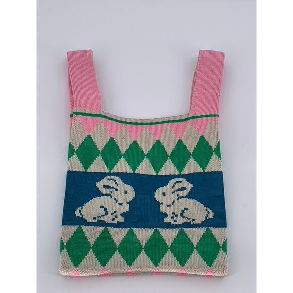 UNBRANDED Women's Pink-Blue-Green Rabbit Print Handmade Small Tote Bag SZ OS - Picture 1 of 6